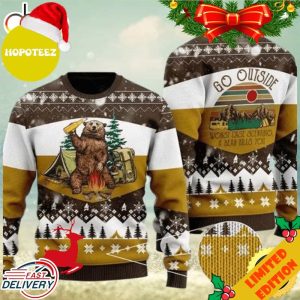 Bear Beer Ugly Christmas Sweater Campfire Yellow Wool Xmas