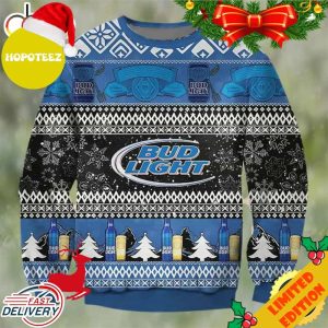 Bud Light Beer Black Blue Color Ugly Christmas Sweater Faux Wool Sweater International Beer Day Gifts For Beer Lovers Best Christmas Gifts