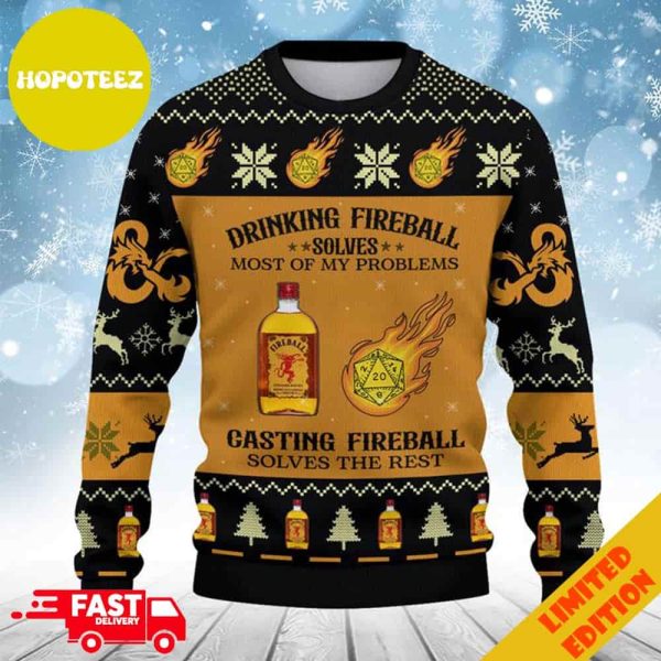 Dungeons And Dragons Drinking Fireball Solves Most Of My Problems Ugly Sweater Holiday Gifts