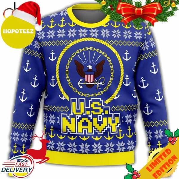 Unifinz Veteran Sweater Us Navy Anchor Pattern Blue Yellow Veteran Christmas Ugly Sweater